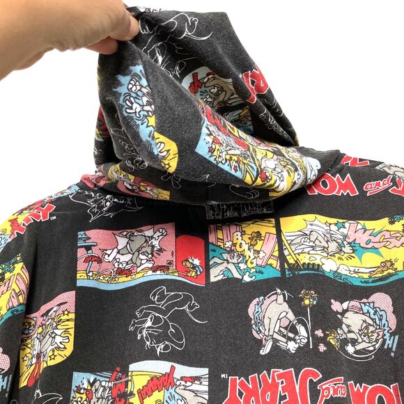 Tom And Jerry Graphic Print Comic All Over Black Pullover Hoodie Size Large L - Picture 5 of 12